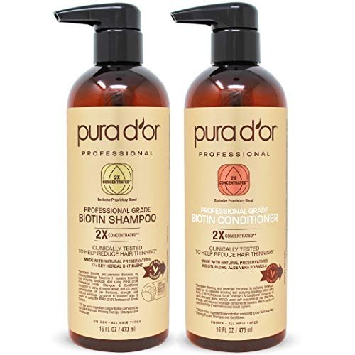 PURA D'OR Professional Grade Anti-Thinning Biotin Shampoo & Conditioner Set For Thinning Hair, Clinically Proven Hair Care 2X Concentrated DHT Blocker Hair Thickening Products For Women & Men 16oz x 2